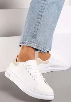 Biało-Beżowe Wiązane Sneakersy na Płaskiej Podeszwie z Modną Wstawką Zanelih
