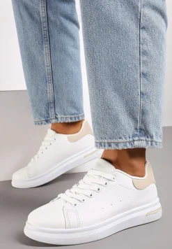 Biało-Beżowe Wiązane Sneakersy na Płaskiej Podeszwie z Modną Wstawką Zanelih