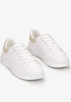 Biało-Beżowe Wiązane Sneakersy na Płaskiej Podeszwie z Modną Wstawką Zanelih