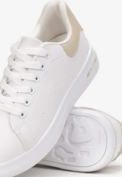 Biało-Beżowe Wiązane Sneakersy na Płaskiej Podeszwie z Modną Wstawką Zanelih
