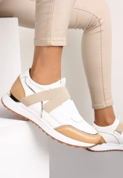 Biało-Beżowe Wsuwane Sneakersy z Metalicznymi Wstawkami i Elastycznym Paskiem Fanir