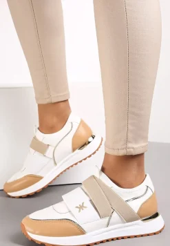 Biało-Beżowe Wsuwane Sneakersy z Metalicznymi Wstawkami i Elastycznym Paskiem Fanir