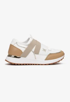 Biało-Beżowe Wsuwane Sneakersy z Metalicznymi Wstawkami i Elastycznym Paskiem Fanir