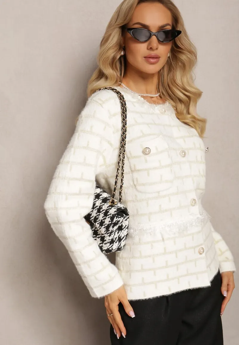 Biało-Beżowy Zapinany Kardigan z Wiskozy i Metaliczną Nitką Kurisa