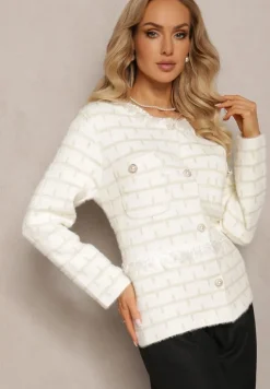 Biało-Beżowy Zapinany Kardigan z Wiskozy i Metaliczną Nitką Kurisa