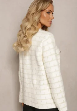 Biało-Beżowy Zapinany Kardigan z Wiskozy i Metaliczną Nitką Kurisa