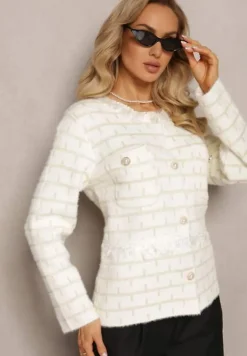 Biało-Beżowy Zapinany Kardigan z Wiskozy i Metaliczną Nitką Kurisa