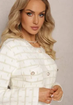 Biało-Beżowy Zapinany Kardigan z Wiskozy i Metaliczną Nitką Kurisa