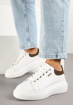 Biało-Brązowe Sneakersy na Niskim Koturnie Zdobione Metalicznymi Wstawkami Alirisa