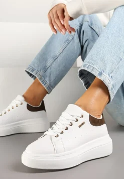 Biało-Brązowe Sneakersy na Niskim Koturnie Zdobione Metalicznymi Wstawkami Alirisa
