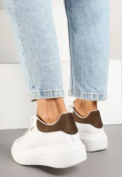 Biało-Brązowe Sneakersy na Niskim Koturnie Zdobione Metalicznymi Wstawkami Alirisa