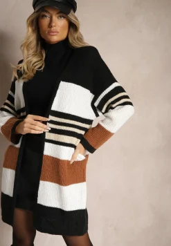 Biało-Brązowy Kardigan z Dodatkiem Wiskozy w Paski z Kieszeniami Lerille