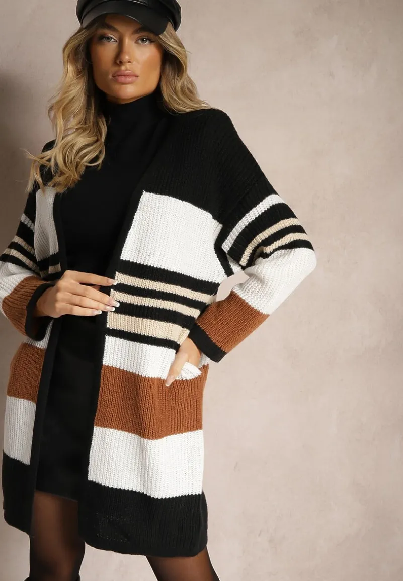 Biało-Brązowy Kardigan z Dodatkiem Wiskozy w Paski z Kieszeniami Lerille