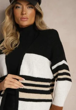 Biało-Brązowy Kardigan z Dodatkiem Wiskozy w Paski z Kieszeniami Lerille