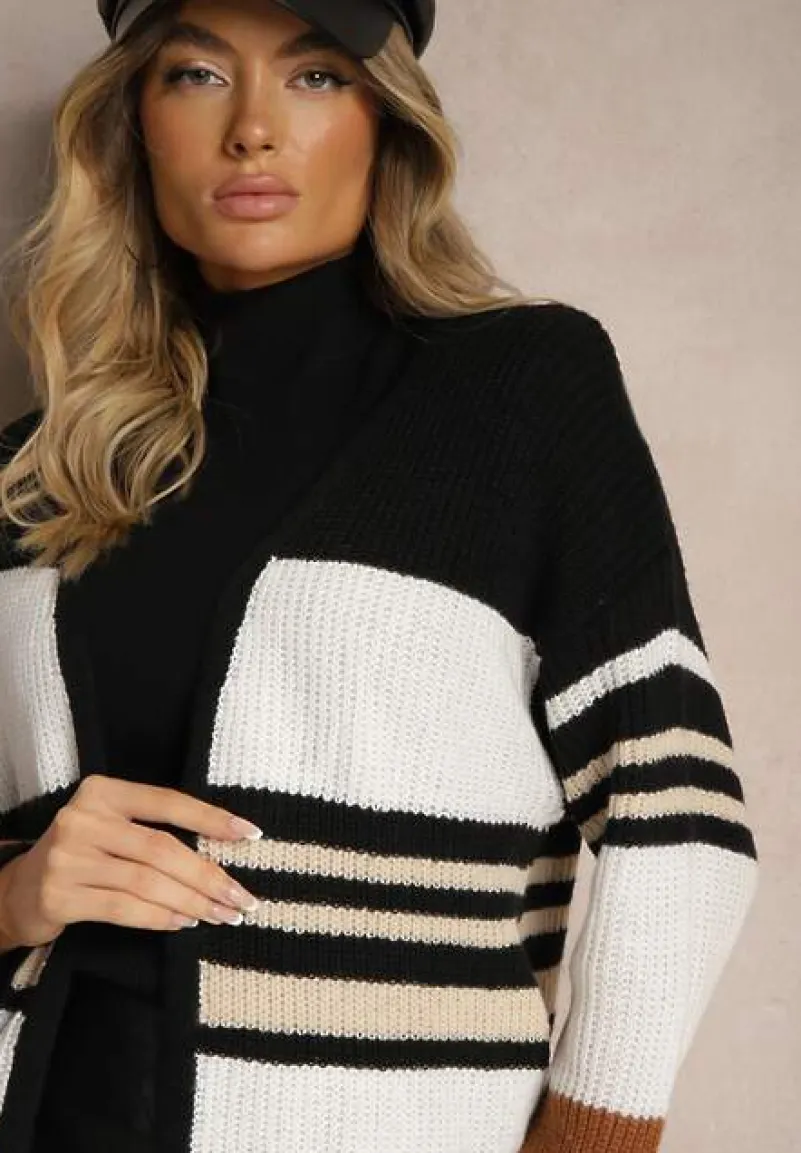 Biało-Brązowy Kardigan z Dodatkiem Wiskozy w Paski z Kieszeniami Lerille