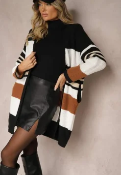 Biało-Brązowy Kardigan z Dodatkiem Wiskozy w Paski z Kieszeniami Lerille