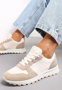 Biało-Ciemnobeżowe Sznurowane Sneakersy na Płaskiej Podeszwie z Wycięciami i Wstawkami Zaylynn