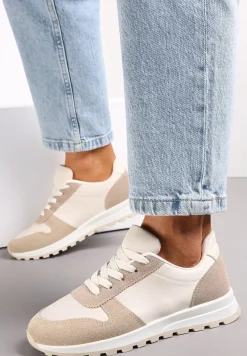 Biało-Ciemnobeżowe Sznurowane Sneakersy na Płaskiej Podeszwie z Wycięciami i Wstawkami Zaylynn