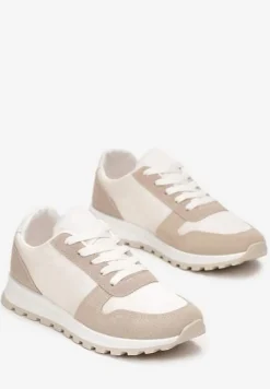 Biało-Ciemnobeżowe Sznurowane Sneakersy na Płaskiej Podeszwie z Wycięciami i Wstawkami Zaylynn