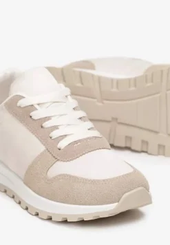 Biało-Ciemnobeżowe Sznurowane Sneakersy na Płaskiej Podeszwie z Wycięciami i Wstawkami Zaylynn