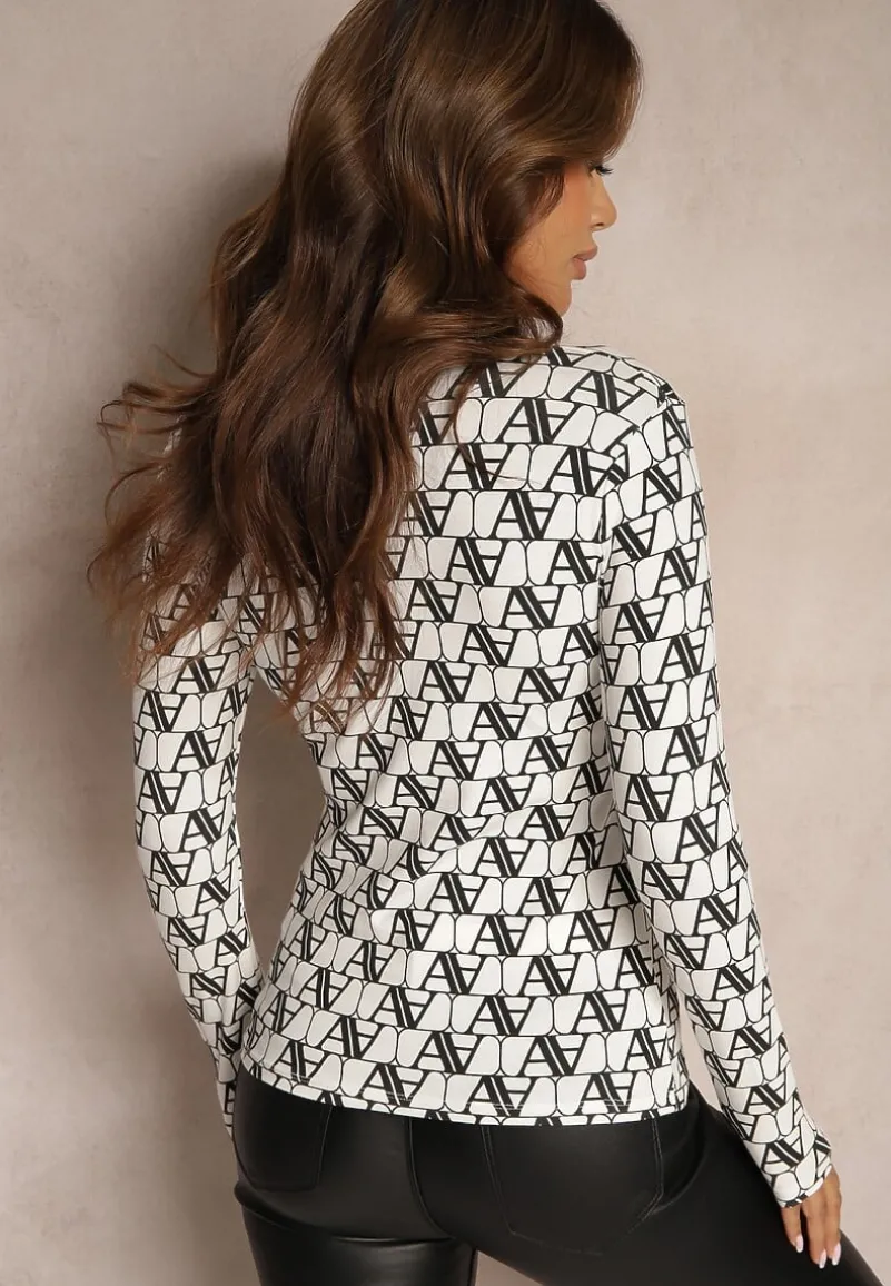 Biało-Czarna Bluzka Golf z Bawełny w Literowy Wzór Irilore