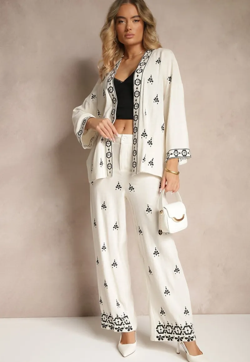 Biało-Czarna Bluzka Typu Narzutka z Lnem Wiskozą i Haftem Caliven