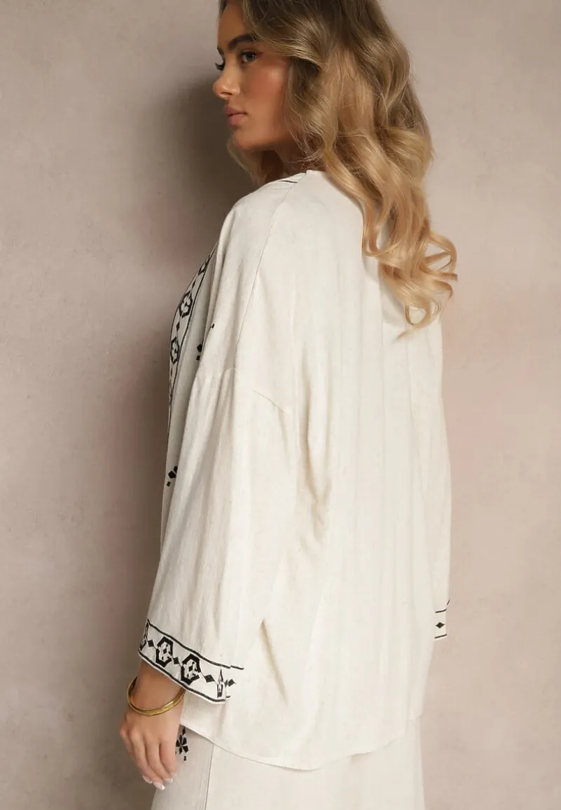 Biało-Czarna Bluzka Typu Narzutka z Lnem Wiskozą i Haftem Caliven