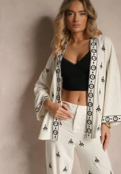 Biało-Czarna Bluzka Typu Narzutka z Lnem Wiskozą i Haftem Caliven