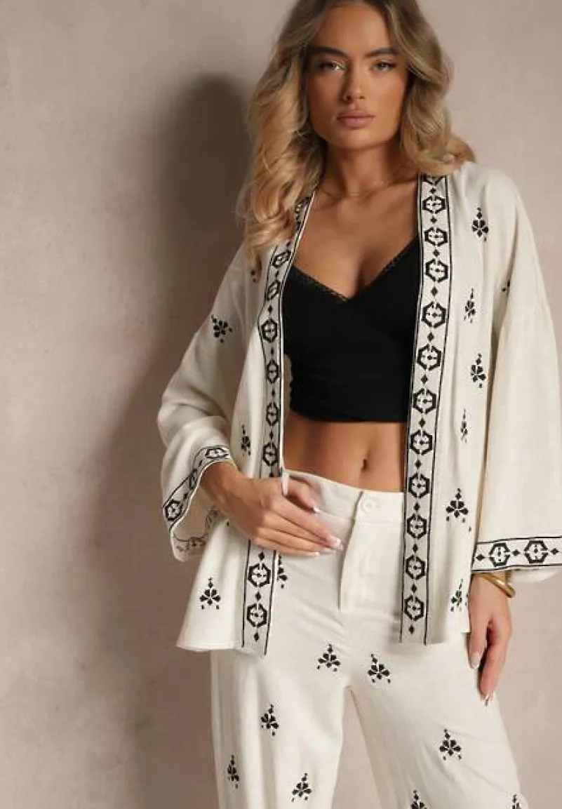 Biało-Czarna Bluzka Typu Narzutka z Lnem Wiskozą i Haftem Caliven