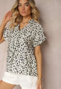 Biało-Czarna Bluzka z Bawełną o Kroju Koszuli Ozdobiona Falbankami Rissaila