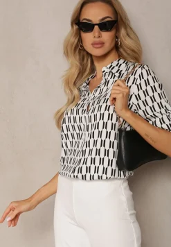 Biało-Czarna Koszula z Wiskozy i Bawełny w Geometryczny Wzór z Rękawem 3/4 Andromia