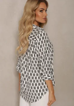 Biało-Czarna Koszula z Wiskozy i Bawełny w Geometryczny Wzór z Rękawem 3/4 Andromia