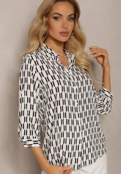 Biało-Czarna Koszula z Wiskozy i Bawełny w Geometryczny Wzór z Rękawem 3/4 Andromia