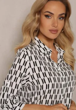 Biało-Czarna Koszula z Wiskozy i Bawełny w Geometryczny Wzór z Rękawem 3/4 Andromia