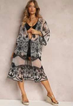 Biało-Czarna Sukienka Plażowa z Haftowanej Siateczki Fida