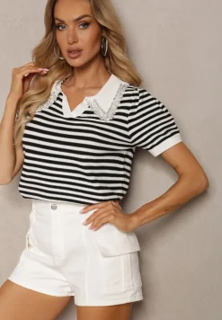 Biało-Czarna Wiskozowa Bluzka w Paski ze Zdobieniami na Kołnierzyku Veniala