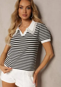 Biało-Czarna Wiskozowa Bluzka w Paski ze Zdobieniami na Kołnierzyku Veniala