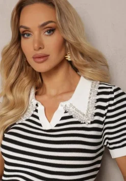 Biało-Czarna Wiskozowa Bluzka w Paski ze Zdobieniami na Kołnierzyku Veniala