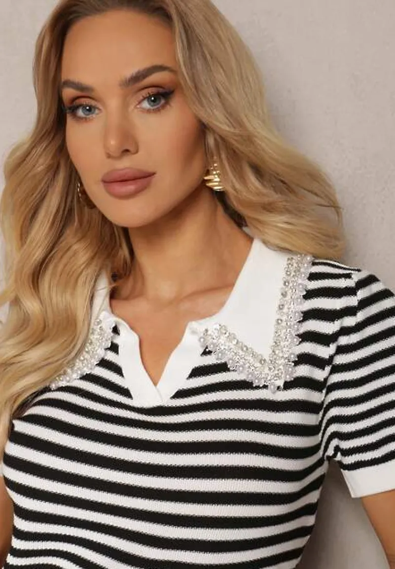 Biało-Czarna Wiskozowa Bluzka w Paski ze Zdobieniami na Kołnierzyku Veniala