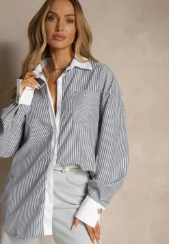 Biało-Czarna Wiskozowa Koszula Oversize z Kieszenią i Metalicznymi Aplikacjami Liseloria