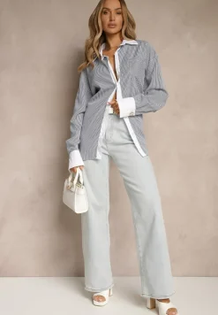 Biało-Czarna Wiskozowa Koszula Oversize z Kieszenią i Metalicznymi Aplikacjami Liseloria