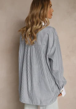 Biało-Czarna Wiskozowa Koszula Oversize z Kieszenią i Metalicznymi Aplikacjami Liseloria