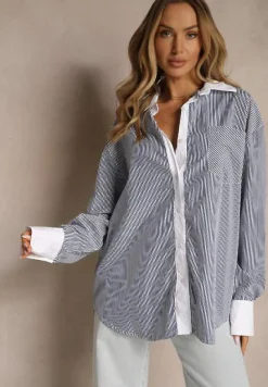 Biało-Czarna Wiskozowa Koszula Oversize z Kieszenią i Metalicznymi Aplikacjami Liseloria