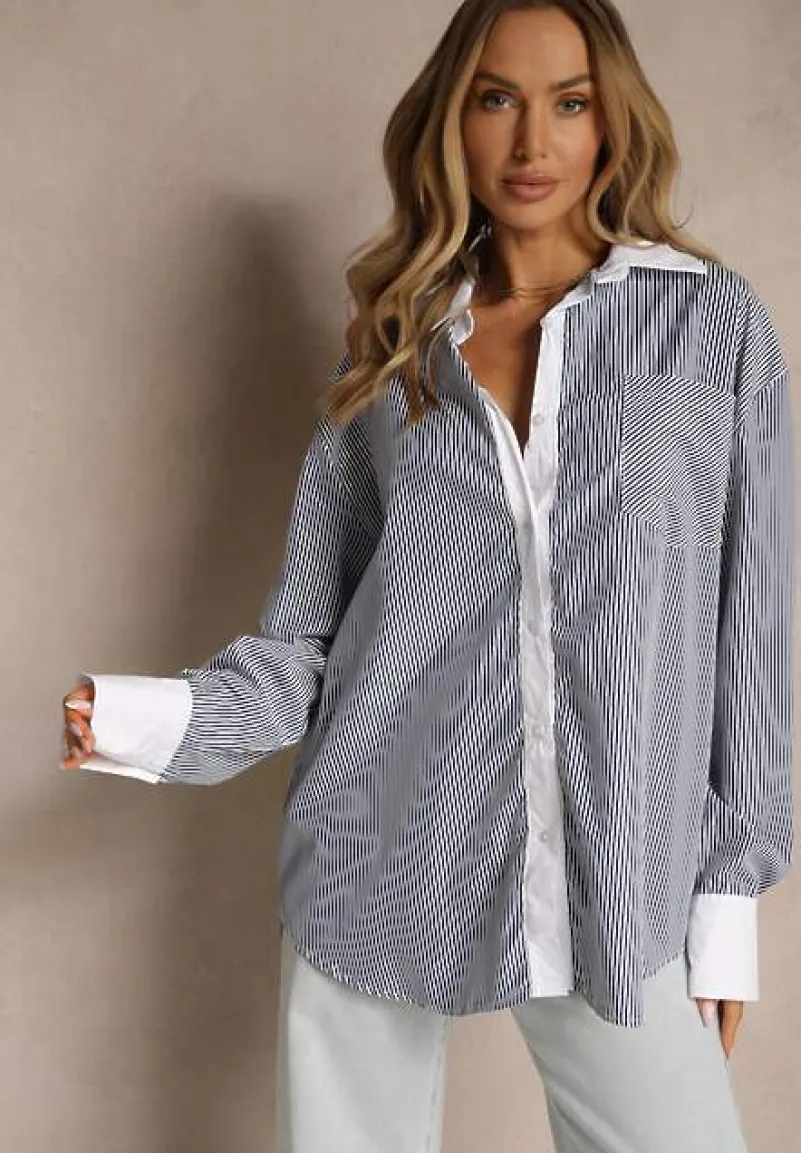 Biało-Czarna Wiskozowa Koszula Oversize z Kieszenią i Metalicznymi Aplikacjami Liseloria