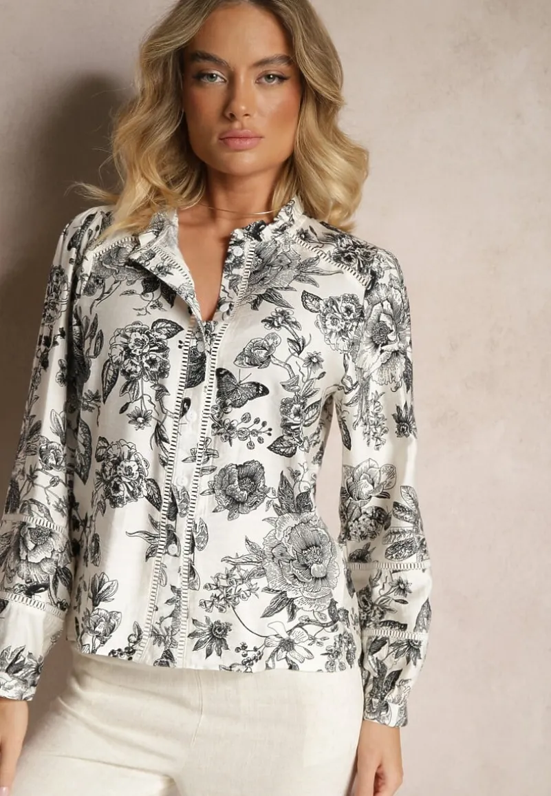 Biało-Czarna Wiskozowa Koszula w Kwiatowy Print z Bufiastymi Rękawami Hanistrae
