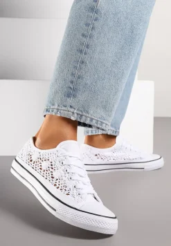 Biało-Czarne Ażurowe Trampki pod Kostkę ze Sznurowaniami Zelimia