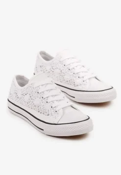 Biało-Czarne Ażurowe Trampki pod Kostkę ze Sznurowaniami Zelimia