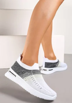 Biało-Czarne Buty Sportowe z Nadrukiem Obmre i Skarpetkową Cholewką Erinevia