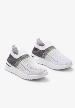 Biało-Czarne Buty Sportowe z Nadrukiem Obmre i Skarpetkową Cholewką Erinevia