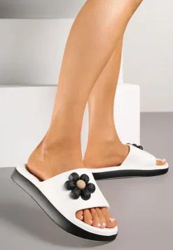 Biało-Czarne Klapki Piankowe Basenowe z Aplikacją Kwiatka Glemissea